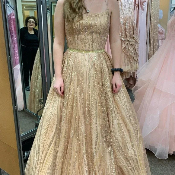 Tiffany Designs | Dresses | Gold Glitter Aline Prom Dress Never Worn Bought  For 220 Prom Then Covid Hit | Poshmark